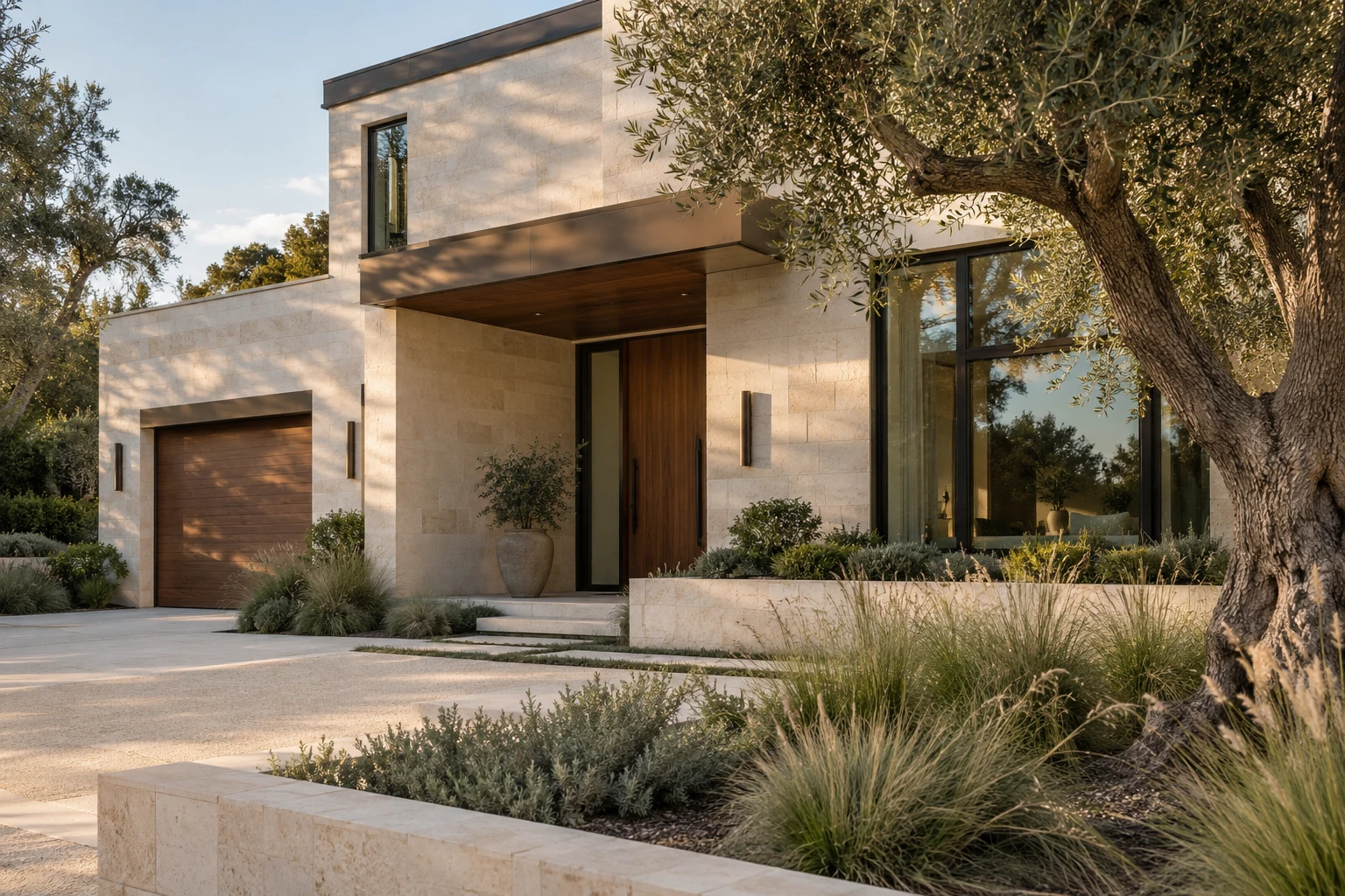 Sunlit contemporary home with limestone walls and a warm wood entrance